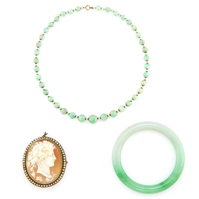 Lot 1158 - Jade Bangle Bracelet, Jade and Silver Bead Necklace and Shell Cameo and Split Pearl Pendant-Brooch