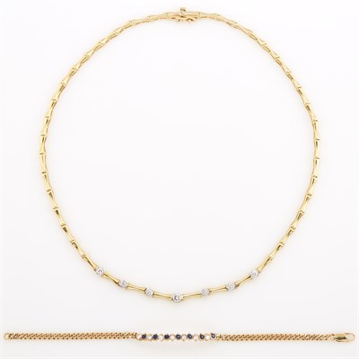 Lot 1089 - Two-Color Gold and Diamond Necklace and Sapphire and Diamond Bracelet