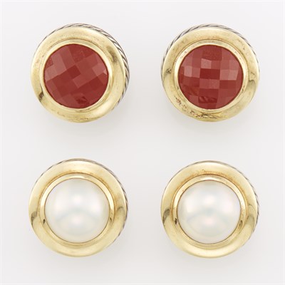 Lot 1028 - David Yurman Two Pairs of Silver, Gold, Mabé Pearl and Carnelian Earclips