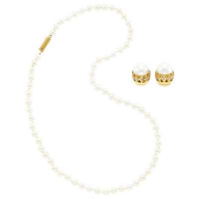 Lot 1032 - Pair of Gold, Mabé Pearl and Diamond Earrings and Cultured Pearl Necklace with Gold Clasp