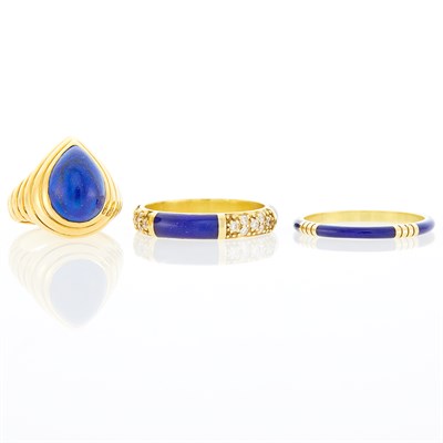 Lot 1262 - Gold and Lapis Ring and Two Gold, Blue Enamel and Diamond Band Rings