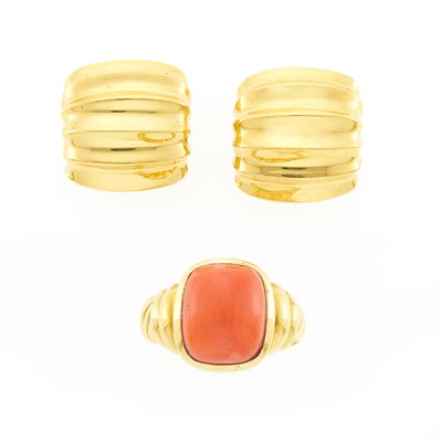 Lot 1044 - Pair of Gold Earrings and David Yurman Gold and Coral Ring