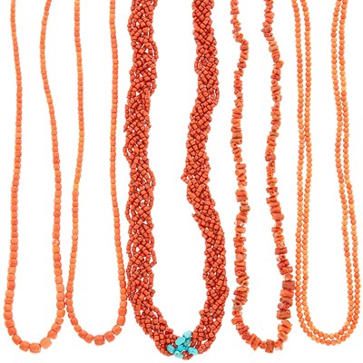 Lot 1287 - Five Coral Bead Necklaces