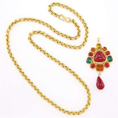 Lot 1058 - Chanel Gilt-Metal, Gripoix Glass and Paste Pendant, France, and Gilt-Metal Circle Link Chain Necklace