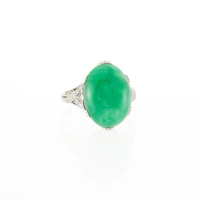 Lot 1204 - Platinum, Jade and Diamond Ring