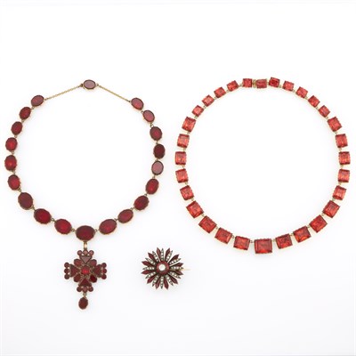 Lot 1140 - Two Antique Gold-Filled and Red Paste Necklaces and Silver, Red Enamel and Diamond Flower Brooch