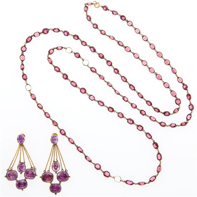 Lot 1134 - Long Antique Gold and Rhodolite Garnet Chain Necklace and Pair of Low Karat Gold and Foil-Backed Amethyst Pendant-Earclips