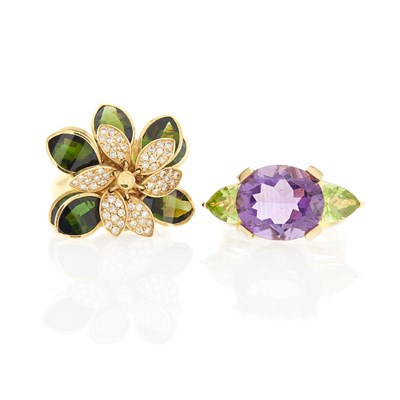 Lot 2226 - Two Gold, Colored Stone and Diamond Rings
