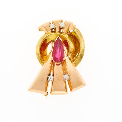 Lot 1102 - Two-Color Gold, Synthetic Ruby and Diamond Clip-Brooch