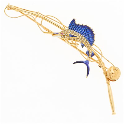 Lot 1235 - Gold, Blue Enamel and Pearl Sailfish and Fishing Rod Brooch