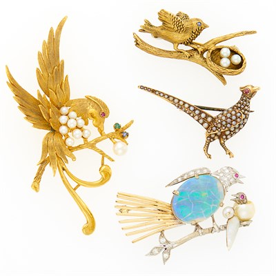 Lot 1125 - Antique Gold and Split Pearl Pin and Three Gold, Platinum, Cultured and Baroque Freshwater Pearl, Opal and Diamond Bird Brooches