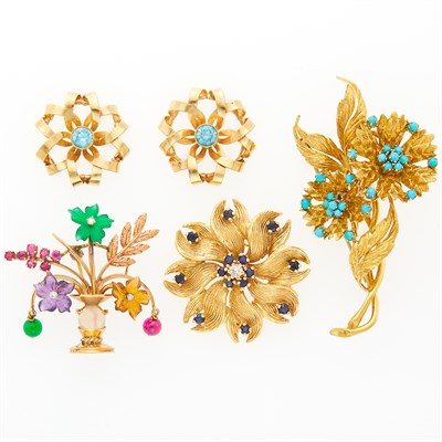 Lot 1214 - Three Gold, Simulated and Colored Stone Flower Brooches and Pair of Earrings