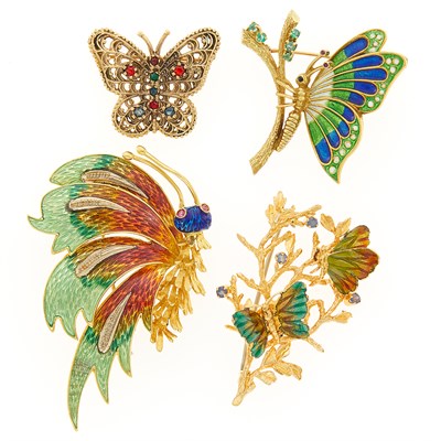 Lot 1216 - Four Gold and Enamel Butterfly Brooches