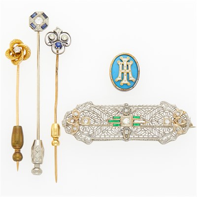 Lot 1157 - Three Yellow and White Gold, Platinum, Silver, Diamond, Synthetic Stone and Enamel Stick Pins, Brooch and Tie Tac