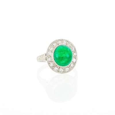 Lot 1175 - Platinum, Cabochon Emerald and Diamond Ring
