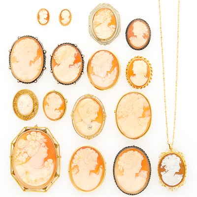 Lot 1160 - Ten Gold and Shell Cameo Pendant-Brooches and Pair of Earrings and Four Silver and Shell Cameo Pendant-Brooches