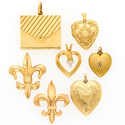 Lot 1136 - Group of Gold Charms and Pins and Gold-Filled Heart Charm
