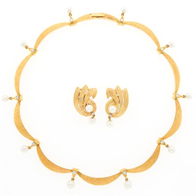 Lot 1122 - Gold, Cultured Pearl and Diamond Necklace and Pair of Earrings