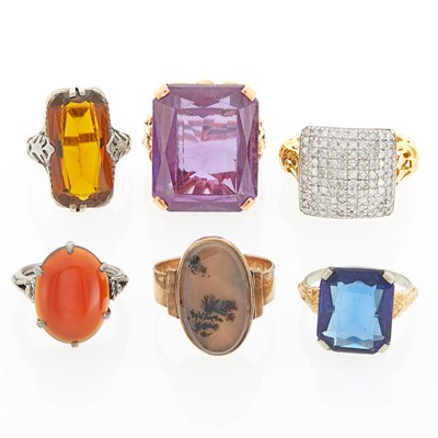 Lot 1141 - Six Gold, Silver, Metal, Diamond, Simulated and Colored Stone Rings