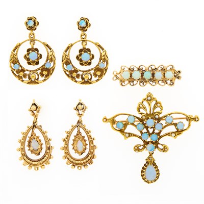 Lot 1120 - Two Pairs of Gold, Silver-Gilt and Opal Pendant-Earrings and Two Pendant-Brooches