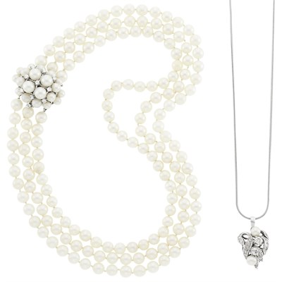 Lot 1198 - Triple Strand Cultured Pearl Necklace with White Gold and Diamond Clasp and Pendant-Necklace