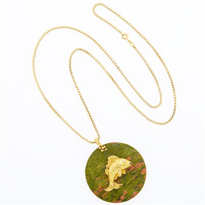 Lot 1026 - Gold and Hardstone Fish Pendant with Long Chain Necklace