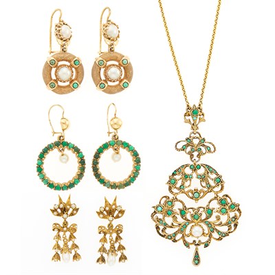 Lot 1114 - Three Pairs of Earrings and Pendant-Necklace