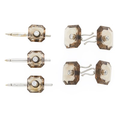 Lot 1164 - Gentleman's Smoky Quartz, Platinum, White Gold and Diamond Dress Set