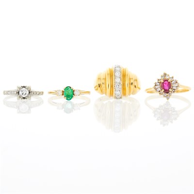 Lot 1161 - Four Yellow and White Gold, Diamond and Gem-Set Rings