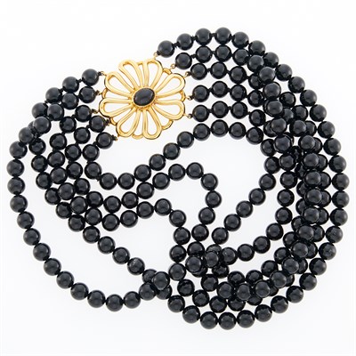 Lot 1291 - Tiffany & Co., Paloma Picasso Five Strand Black Onyx Bead Necklace with Flower Clasp
