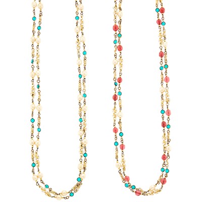 Lot 1072 - Chanel Two Long Gilt-Metal, Faux Pearl, Gripoix Glass and Green Paste Chain Necklaces
