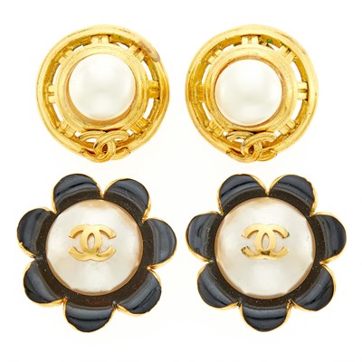 Lot 2076 - Chanel Two Pairs of Gilt-Metal, Imitation Pearl and Black Enamel Earclips