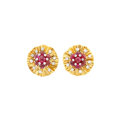 Lot 35 - Trabert & Hoeffer, Mauboussin Pair of Gold, Cabochon Ruby and Diamond Earclips
