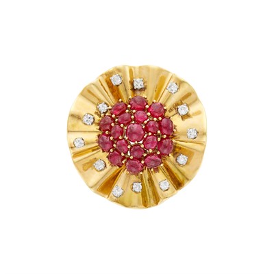 Lot 36 - Trabert & Hoeffer, Mauboussin 'Reflection' Gold, Platinum, Cabochon Ruby and Diamond Clip-Brooch