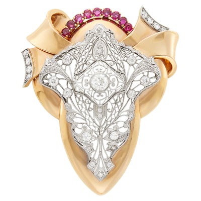 Lot 39 - Rose Gold, Platinum, Diamond and Ruby Pendant-Brooch