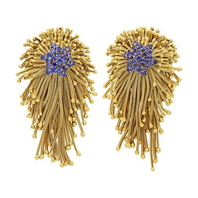 Lot 126 - Pair of Gold and Sapphire Chain Fringe Earclips