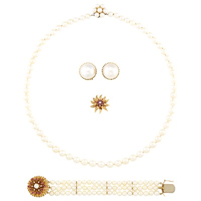 Lot 1117 - Group of Gold, Cultured and Mabé Pearl and Ruby Jewelry