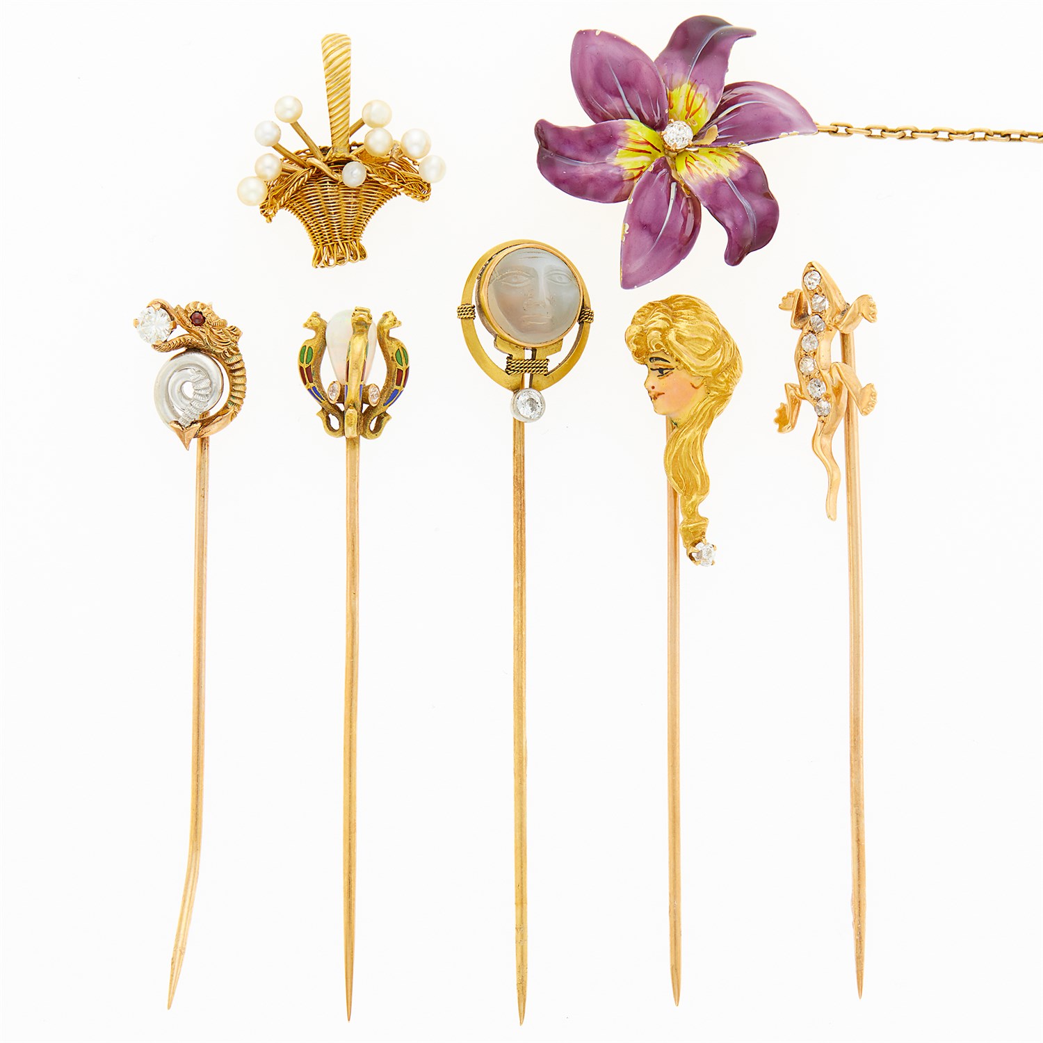 Lot 1129 - Five Antique Gold, Platinum, Enamel, Diamond and Pearl Stick Pins, Enamel Flower Pin and Basket Pendant