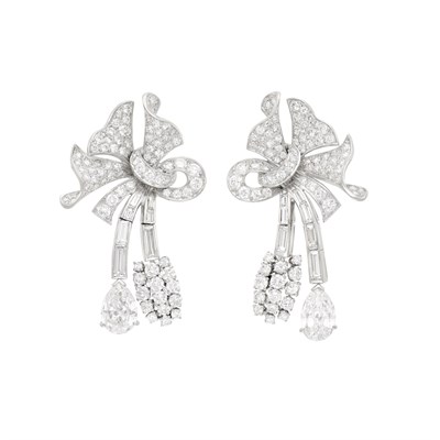 Lot 203 - Pair of Platinum and Diamond Pendant-Earclips