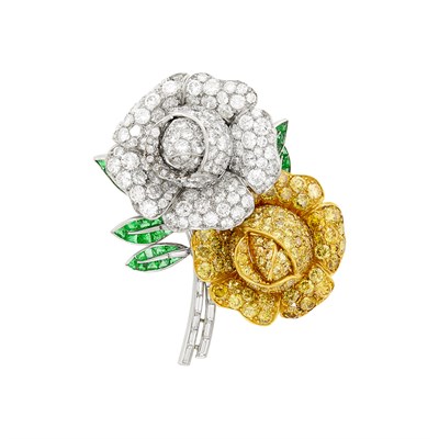 Lot 215 - Platinum, Diamond, Colored Diamond and Emerald Flower Clip-Brooch