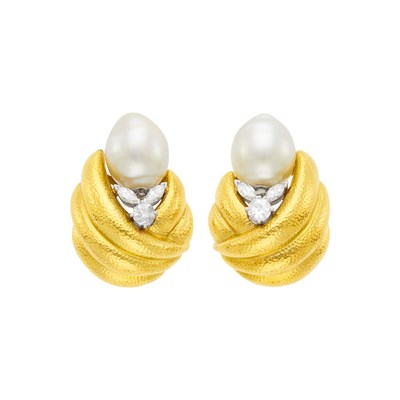 Lot 179 - Pair of Hammered Gold, Cultured Pearl and Diamond Earclips