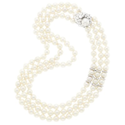 Lot 137 - Triple Strand Cultured Pearl, White Gold and Diamond Necklace with Platinum, Cultured Pearl and Diamond Clasp