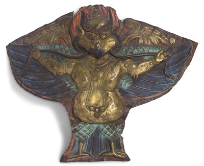 Lot 127 - A Nepalese Polychromed and Gilt Repousse Copper Alloy Bronze Figure of Garuda