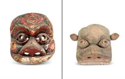 Lot 83 - Two Provincial Chinese Carved Wooden Mask Panels