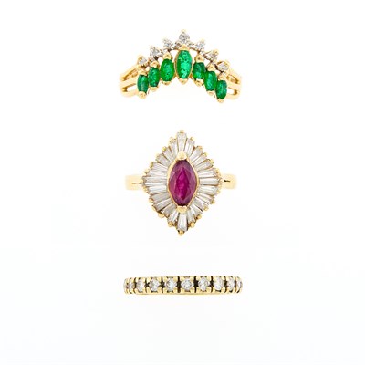 Lot 1255 - Gold, Ruby and Diamond Ring, Gold, Emerald and Diamond Ring
