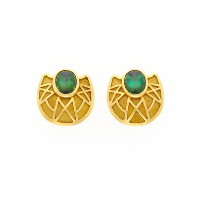 Lot 1025 - Turi Pair of Gold and Cabochon Tourmaline Earclips