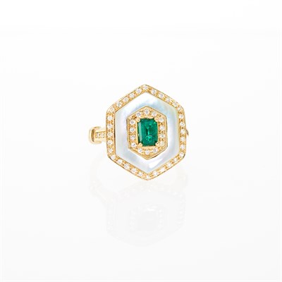Lot 1240 - Gold, Emerald, Mother-of Pearl and Diamond Ring
