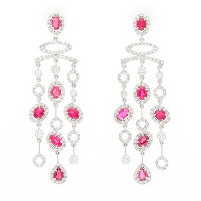 Lot 1190 - Pair of White Gold, Ruby and Diamond Pendant-Earrings