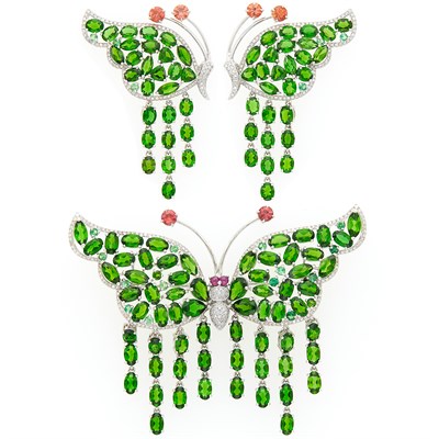 Lot 1179 - White Gold, Diamond and Gem-Set Butterfly Brooch and Pair of Pendant-Earrings