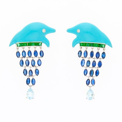 Lot 1184 - Pair of White Gold, Turquoise Blue Enamel, Sapphire, Emerald, Aquamarine and Diamond Dolphin Fringe Earrings